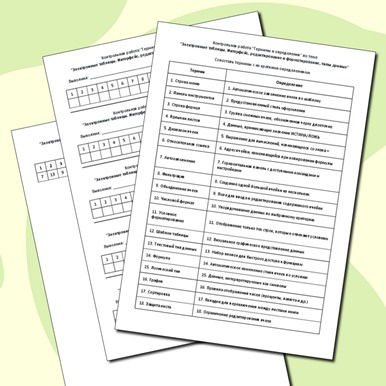 Контрольная работа «Термины и определения» по теме «Электронные таблицы. Интерфейс, редактирование и форматирование, типы данных»