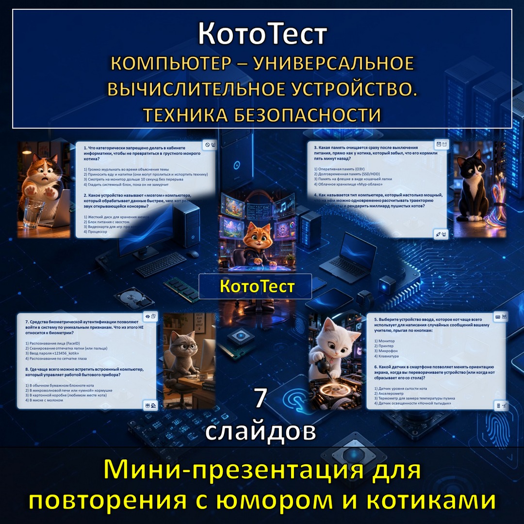 Кото-тест по теме «Компьютер – универсальное вычислительное устройство. Техника безопасности», презентация